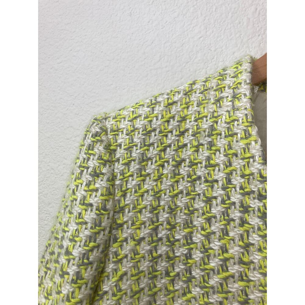 Theory Twee Woven Lime Green Collarless Houndstooth Preppy Tweed Blazer Jacket 6 - Picture 4 of 11
